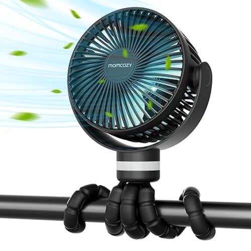 Momcozy Portable Stroller Fan, 8000mAh, 27H Ultra-long Battery Life, Detachable 4 Speed 360°Rotate, LED Night Light with 2 Modes, USB Rechargeable Handheld Cooling Fan for Travel, Car Seat, Bedroom - Black