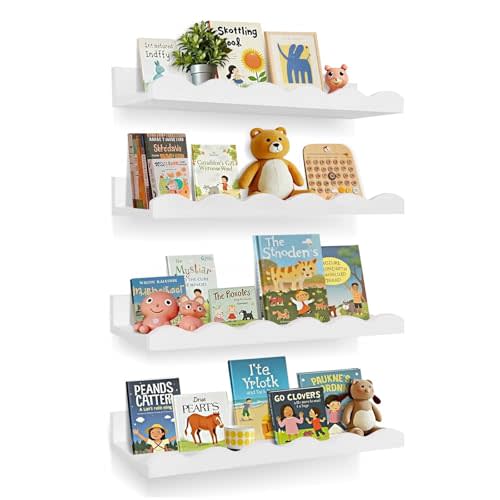Bxngjuj Nursery Book Shelves, 4 Pack White Floating Shelves for Wall, Wood Scalloped Shelves for Storage Books, Wall Book Shelf for Kids Rooms, Bedroom, Toddler Room, Baby Room, Nursery Decor