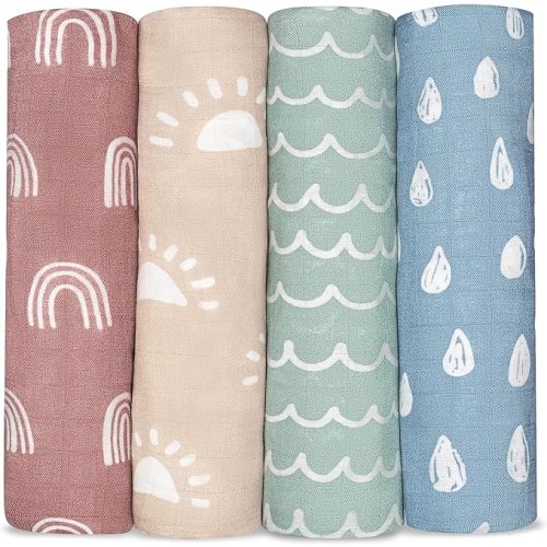 Comfy Cubs Muslin Swaddle Blankets Neutral Receiving Blanket Swaddling, Wrap for Boys and Girls, Baby Essentials, Registry & Gift (Sun, Rainbow, Rain, Doodle)