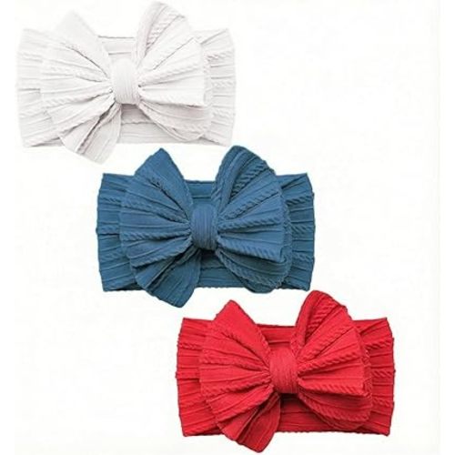 Baby Bows Headbands Red White Blue Soft Nylon Elastic Hairbands Handmade Hair Accessories for Newborn Infant Toddler Girls (3 red white blue, Large)
