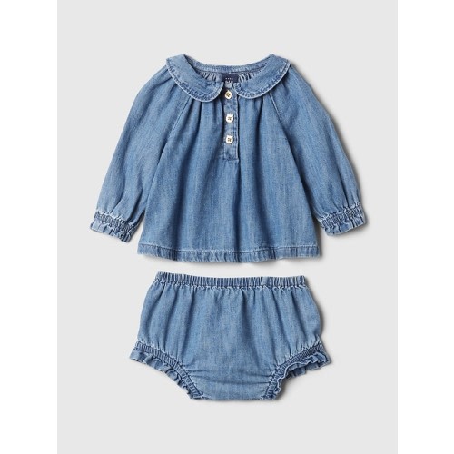 Baby Ruffle Denim Outfit Set in medium indigo