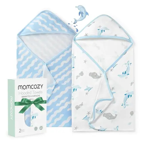 Momcozy Baby Towel with Hooded-Original Design Baby Towel Set -Soft & Absorbent- Shower Gifts or Bath Essential for Infant, Newborn, Toddler, Marine Sea Whale Seal Waves Magic