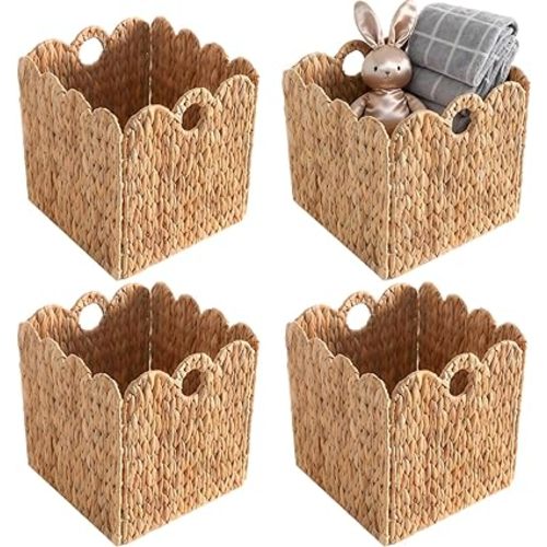 Scalloped Wicker Storage Cubes Basket, 12”x12“ Heavy Duty Paper rope/Hyacinth/Seagrass Baskets for Shelves, Foldable Natural Boho Square Bins (Water Hyacinth, 12 x 12 x 12in, 4-Pack)
