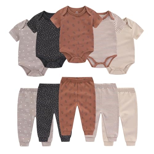 Ruliby Baby Bodysuit and Pant Set 10-pcs Cotton Soft Newborn Boy Girl Clothes Outfits