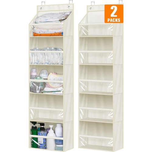 AOODA 2 Pack Over the Door Organizer, Large Capacity Closet Door Hanging Organizer, Clear Deep Pockets Baby Organizer Storage for Nursery, Bathroom, Bedroom, Pantry, Diapers (Light Beige)