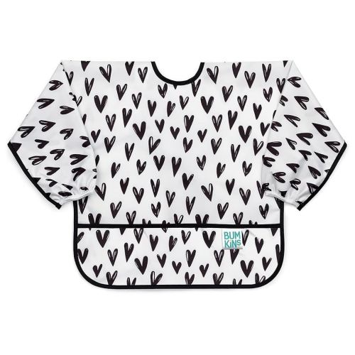 Bumkins Sleeved Bib for Girl or Boy, Baby and Toddler for 6-24 Months, Essential Must Have for Eating, Feeding, Baby Led Weaning Supplies, Long Sleeve Mess Saving Food Catcher, Hearts Black and White