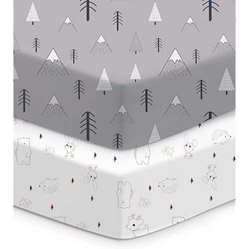 Baby Crib Sheets Boy Girl for Standard Crib Mattress - Grey Woodland Animal Print, Soft and Cozy, Snug Fit for 28''x52''x9'' Extra Deep Pocket