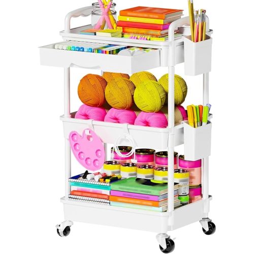 3-Tier Rolling Cart with Drawer & Lockable Wheels, Plastic Shelf Storage Organizer Cart – Easy Assembly, Waterproof Design for Kitchen, Bathroom, Office, White