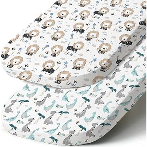 Stretch Fitted Bassinet Sheet Set BROLEX 2 Pack Cradle Sheets for Bassinet Pad/Mattress,Unisex Boys Girls,Ultra Soft,Dinosaur Lion