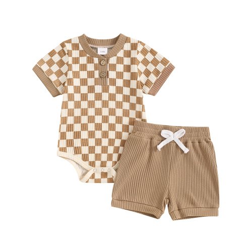 Mevireiy Baby Boys Two Pieces Outfits Ribbed Knit Checkerboard Print Romper Tops Shorts