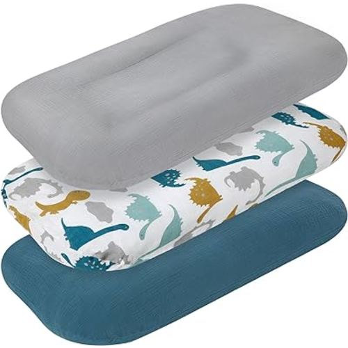 Newwiee 3 Pcs Soft Baby Lounger Cover Muslin Lounger Pillow Case Baby Nest Cover Infant Removable Crib Sheets Neutral Toddler Crib Sheets Blue Gray Dinosaur Pattern