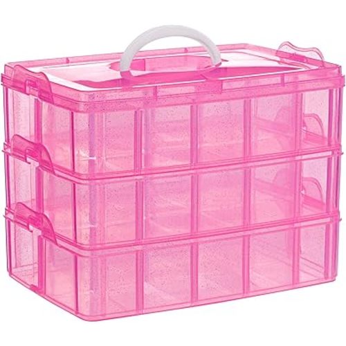 SGHUO 3-Tier Pink Craft Storage Container, Stackable Organizer Box with Dividers for Art Supplies, Beads, Washi Tapes, Seed, Hair Accessories, Nail, 9.5X6.5X7.2in