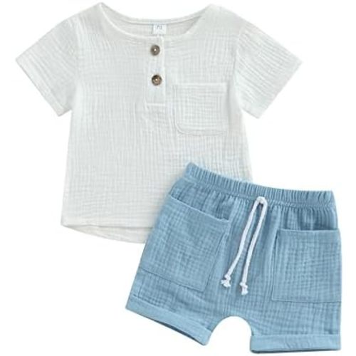 Baby Boy Summer Clothes Toddler Infant Short Sleeve Solid Cotton Linen T-Shirt Tops Casual Shorts Set 2Pcs Outfits