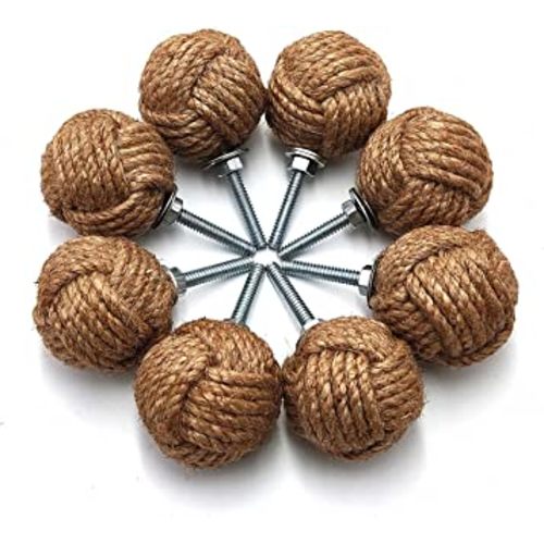 WINTTEN Set of 8 Jute Rope Door Knobs/Rope Knot Drawer Pulls and Knobs/Pull and Push Handle Knobs for Cabinets, Wardrobes & Cupboards/Nautical Hardware Decor, 35 mm
