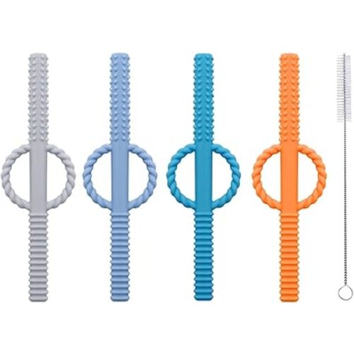 Hollow Teether Tube-Teething Toy for Babies Over 0-18 Months for Baby-Soft Silicone Infant Teether Straw BPA Free Safe Toddler Sensory Chewing Stick Long Molar Chew Toy