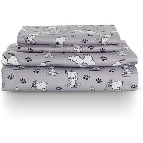 Berkshire Blanket Peanuts® Kids Sheet Set, Full Size - 4 Pieces, Peanuts® Mini Poses and Paws Grey, Cute Character Snoopy Printed Soft Microfiber Bed Sheets