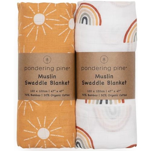Organic Baby Muslin Swaddle Blankets for Boy or Girl - Sun and Rainbow Swaddling Blanket 2 Pack - Soft Muslin, XLarge and Breathable, Boho Baby, 47" X 47"
