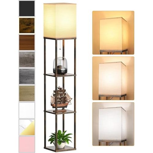 Floor Lamp with Shelves for Living Room Brown, Shelf Floor Lamp with 3 CCT LED Bulb, Corner Display Standing Column Lamp Etagere Organizer Tower Nightstand with White Linen Shade for Bedroom