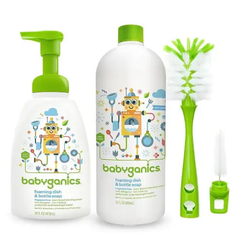 LuxProdX Baby ganics 16 Ounce Dish Dazzler Foaming Dish and Bottle Soap with Refill Kit BUNDLED with Two (2) Bottle Brushes BONUS