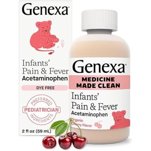 Genexa Infants' Clean Acetaminophen | Pediatrician Preferred Ingredients | Pain Reliever & Fever Reducer for Babies| Dye Free, 0% Artificial Additives | Delicious Organic Cherry Flavor, 2 fl oz
