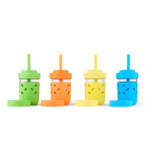 Elk and Friends Kids & Toddler Cups | The Original Glass Mason jars 8 oz with Silicone Sleeves & Silicone Straws with Stoppers | Smoothie Cups | Spill Proof Sippy Cups for Toddlers