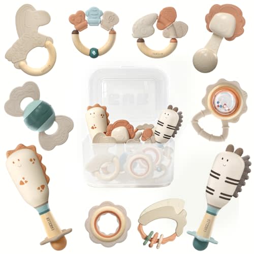 Baby Rattles & Teethers 10PCS, Infant Toys 0-6M, Newborn Sensory Gift Set | Food-Grade Silicone BPA-Free Baby Rattle Set Supports Sensory Development, Fine Motor Skills & Teething Relief, Baby Gift