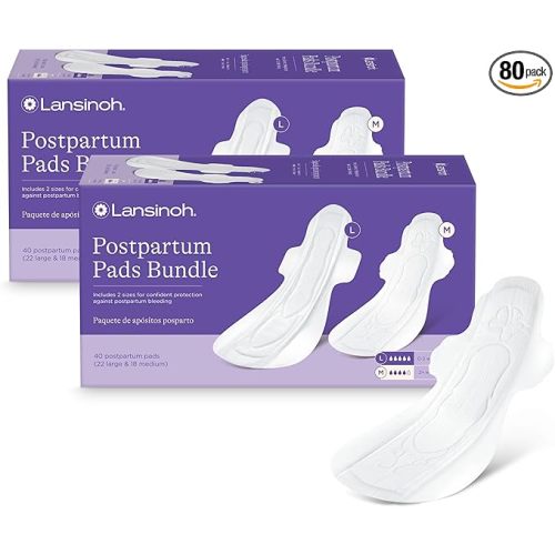 Lansinoh Postpartum Maxi Pads Bundle, Heavy Absorbency Overnight Pads with Wings, Includes 2 Sizes for Extra Protection, Postpartum Essentials, 40 Count (Pack of 2)