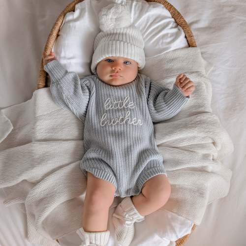'Little Brother' Long Sleeve Knit Romper - Powder Blue