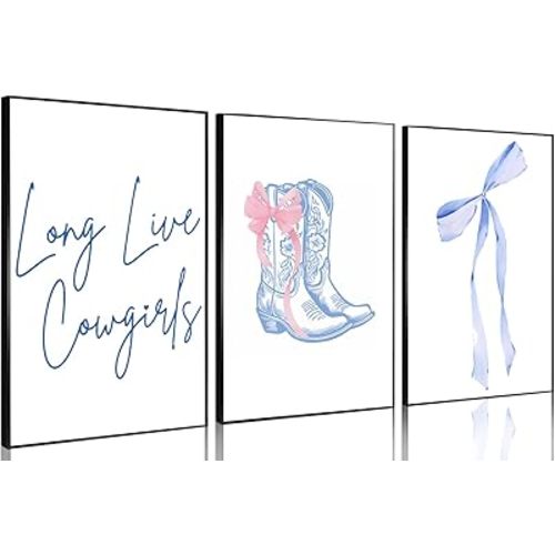 3 Pcs Long Live Cowgirls Wall Art Blue Bows Canvas Wall Decor Trendy Western Cowgirl Boots Preppy Paintings Prints Posters for Preppy Girly Dorm Apartment Bedroom Living Room 16x24in Unframed