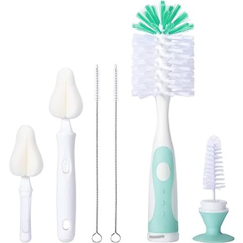 Baby Bottle Brush Set with Nipple Cleaner and Suction, 10.2" Cleaning Brush and 6.5" Sponge Bottle Brush with A Replacement Brush Head and Two 6.7" Straw Brushes, Pack of 5 (Green)