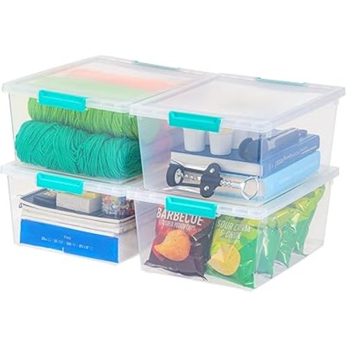 IRIS USA 12 Qt. Plastic Storage Bins Containers with Lids, 4 Pack, Sensory Bin, Craft Storage, Craft Organizers and Storage, Organizing Container for Home, Office and Art Supplies, Stackable, Clear