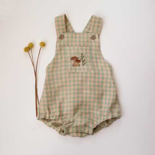 Natural Baby Romper, Newborn Romper, Linen Romper with Front Pocket & Straps | Color Green Gingham | “Mushrooms” Embroidery