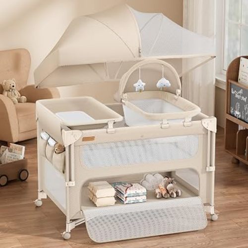 ANGELBLISS Baby Bassinet Bedside Crib, 5-in-1 One-Push Instant Fold Pack and Play with Changing Table, Napper Bassinet, Mattress & Mosquito Net, Portable Playard for Newborns to Toddlers (Khaki)