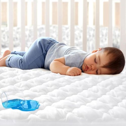 Crib Mattress Protector Waterproof & Noiseless Crib Mattress Pad Cover, Skin Friendly & Breathable & Machine Wash 100% Absorbent Crib Toddler Mattress Protector, (Quilted Improved Thickness) - White - Crib (Pack of 1)