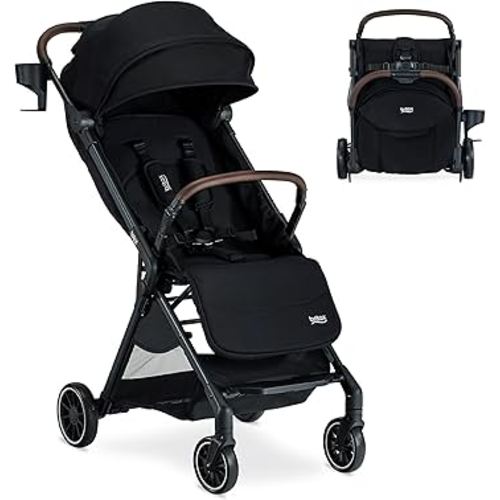 Britax Juniper Compact On-The-Go Stroller, Effortless Fastpack System with One-Hand RapidFold, Portable & Lightweight for Travel, Built-in Carry Handle, Ventilating Fabrics, Raven Black