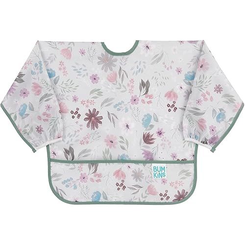 Bumkins Sleeved Bib for Girl or Boy, Baby and Toddler for 6-24 Mos, Essential Must Have for Eating, Feeding, Baby Led Weaning Supplies, Long Sleeve Mess Saving Food Catcher, Soft Fabric, Floral Gray