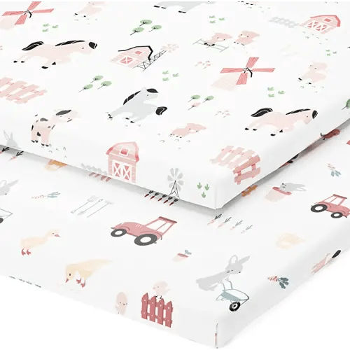 Travel Crib Fitted Sheets for Baby Bjorn, Guava Lotus Travel Crib and 24 x 42 Inch Travel Light Playard Mattress – Snuggly Soft 100% Jersey Cotton – Farm Animals – 2 Pack