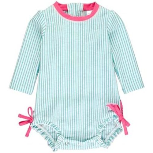 RuffleButts Baby/Toddler Girls Seersucker Long Sleeve One Piece Rash Guard Swimsuit with UPF 50+ Sun Protection