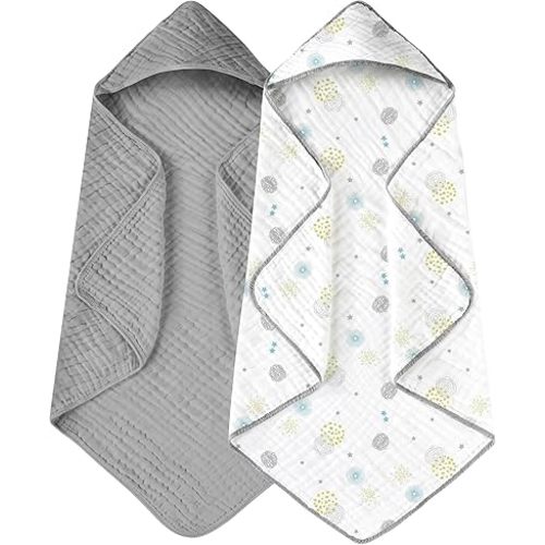 Yoofoss Hooded Baby Towels for Newborn 2 Pack 100% Muslin Cotton Baby Bath Towel with Hood for Babies, Infant, Toddler and Kids, Large 32x32Inch, Soft and Absorbent Newborn Essential