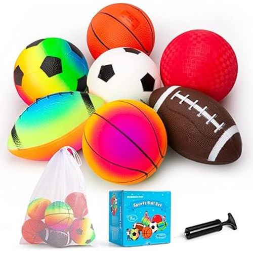 EVERICH Balls for Toddlers 1-3, 7 Pcs 5" Playground Balls for Kids, Soft Rubber Small Sports Ball Set with Football, Basketball, Soccer, Indoor Outdoor Toddler Toys Games Birthday Gifts for Boys Girls