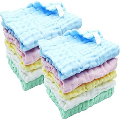 MDXJBD Baby Muslin Washcloths, 6 Layers Organic Cotton, Extra Soft Breathable Baby Washcloths, Reusable Soft Natural Muslin Washcloths, Baby Face Towels 10Pack 12x12 Inch (Multicolored)