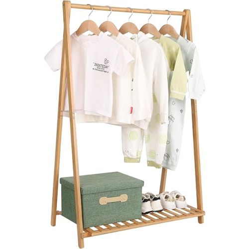 Small Clothes Rack Kids Dress Up Storage for Playroom, Toddlers Bedroom, Bamboo Child Garment Rack with Storage Shelf, Kids Clothing Rack Costumes Organizer