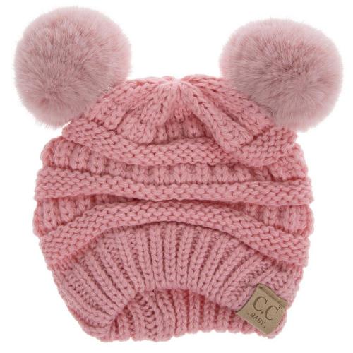 Pink Infant Woven Beanie With Pom Poms
