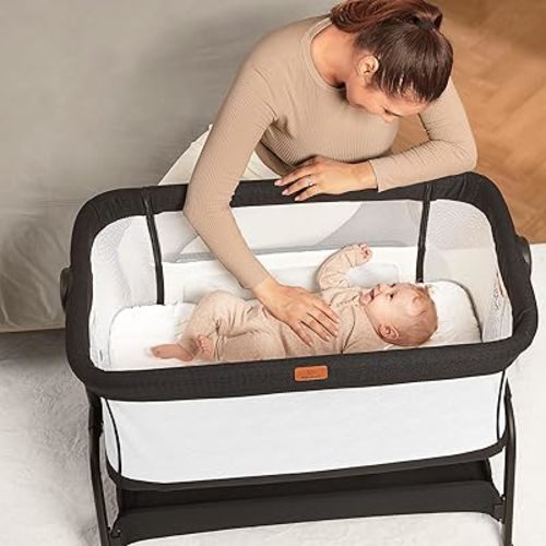 BabyBond Baby Bassinet, 3 in 1 Bassinet Bedside Sleeper with Washable Soft Mattress and Sheet, 6 Height Adjustable Bedside Crib, 4-Sided Mesh Bedside Bassinet for Baby