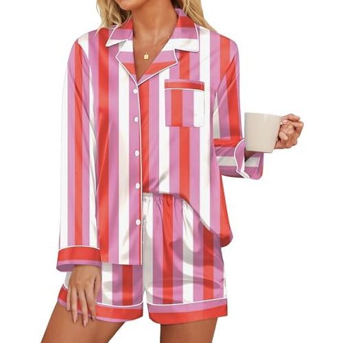 Ekouaer Satin Pajama Set for Women Button Down Pj Set Long Sleeve Top and Shorts 2 Piece Loungewear Summer Soft Sleepwear