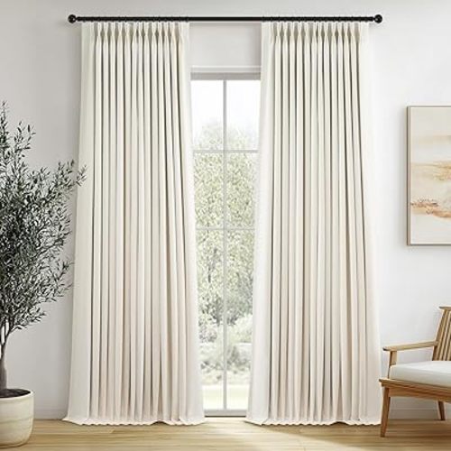 Brich 90 Inches Long Linen Curtains for Bedroom,Full Blackout Pinch Pleated Thermal Insulated Soundproof Curtains, Oatmeal Decorative Farmhouse Lined Drapes 2 Panels Set for Living Room Sliding Door