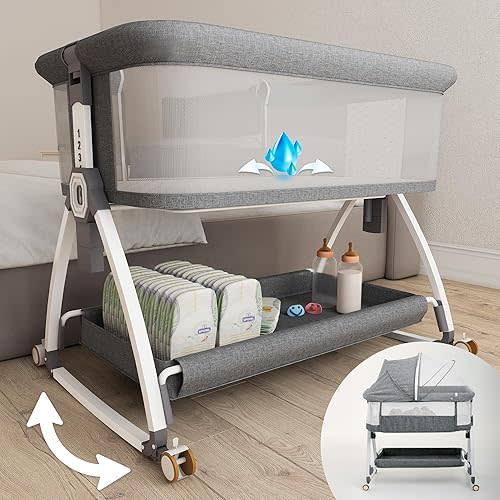 Earth&ME Baby Bassinet Bedside Sleeper with Rocking - All Mesh Portable Bedside Crib for Safe Co-Sleeping, Storage Basket and Wheels, Adjustable Height, Includes Travel Bag, Mosquito Net