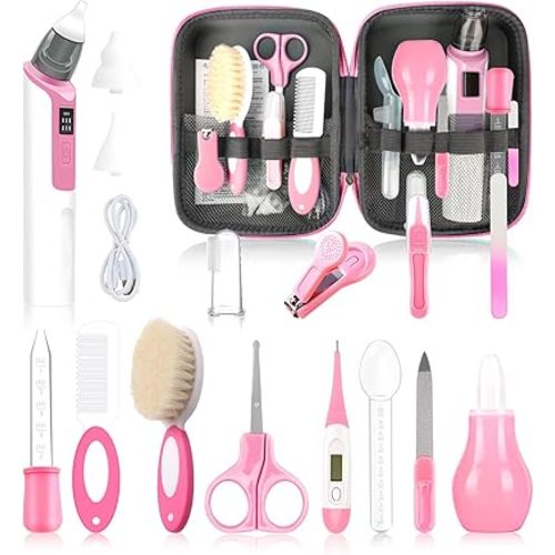 Baby Grooming Kit, Infant Safety Care Set with Baby Electric Nose Aspirator，Baby Hair Brush Comb Nail Clipper Nasal Aspirator,Baby Essentials Kit for Newborn Girls Boys (17 Pc Pink Kit)
