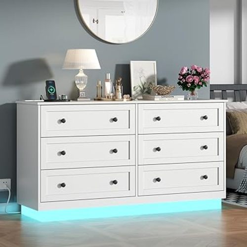 Loomie 6 Drawer Dresser, Modern Drawer Chests with Power Outlet and Led Light, Wide Chest of Drawers for Storage and Organization, White Dresser for Bedroom, Living Room, Closets, Entryway