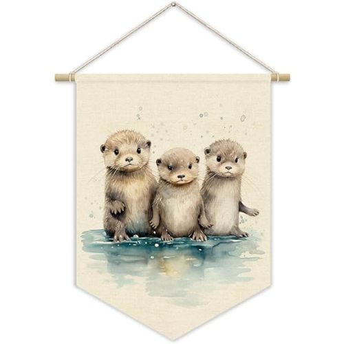 Nursery Decor,Sea Otter Watercolor Wall Art Canvas Banner,Woodland Nursery Decor,Watercolor Animal For Toddler Room,Cute Sea Otter Canvas Hanging Pennant Flag Banner,Gift For Baby Girl Boy